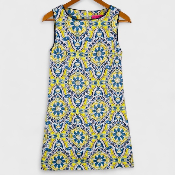Betsey Johnson Yellow Blue China Plate Pattern Sleeveless Shift Dress Size 2 - Picture 2 of 13
